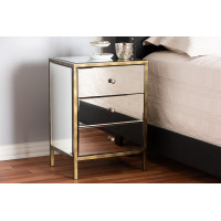 Baxton Studio RTB368-1 Nouria Modern and Contemporary Hollywood Regency Glamour Style Mirrored Three Drawer Nightstand Bedside Table
